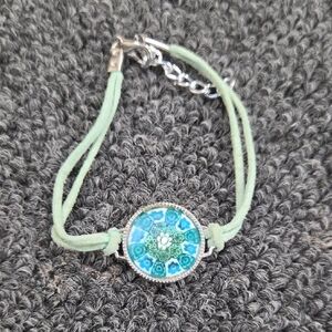 Murano Mint Green Cord Bracelet with Blue Floral Glass Medallion
